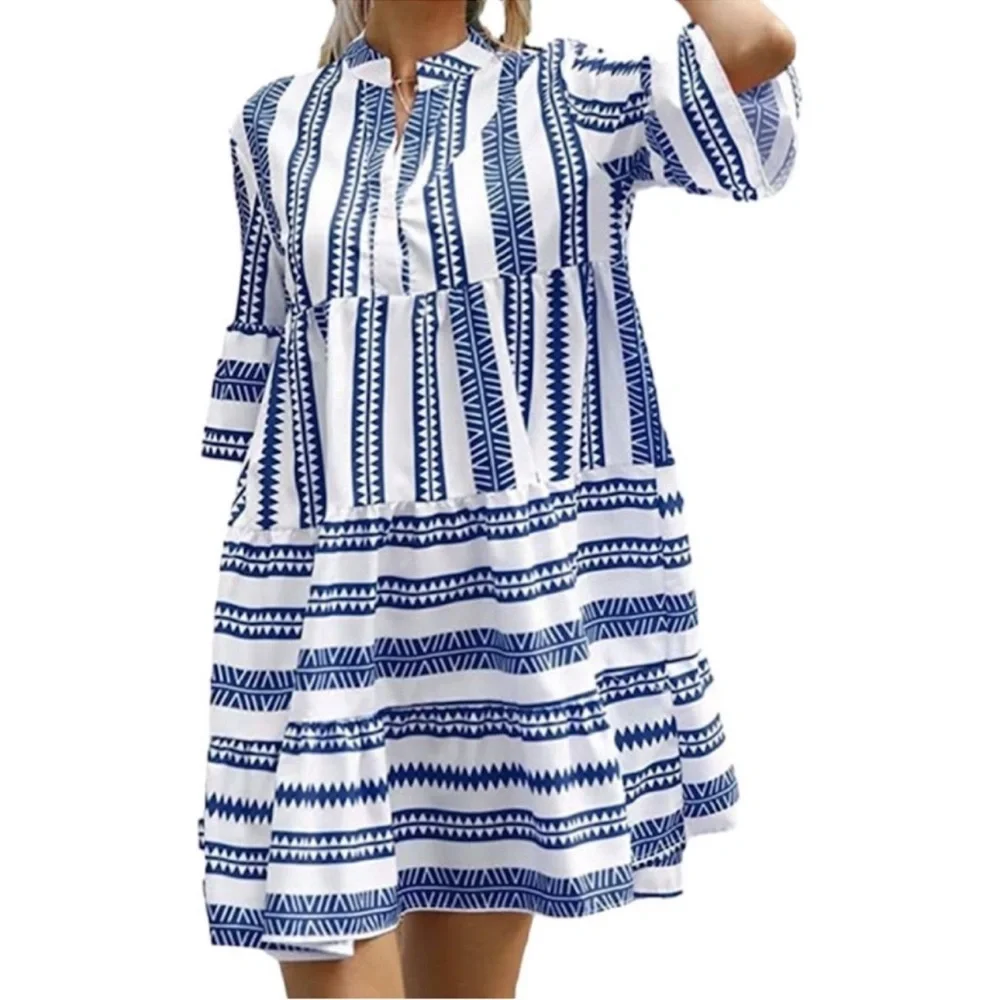Baby Doll Mini Dress Geometric V-Neck Striped Blue & White Women’s Size Large - Picture 2 of 14